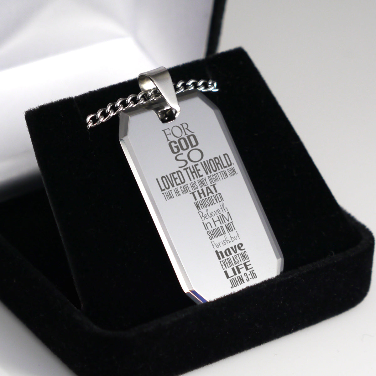 John 3:16 Bible Quote Cross Tungsten Steel Dog Tag Necklace
