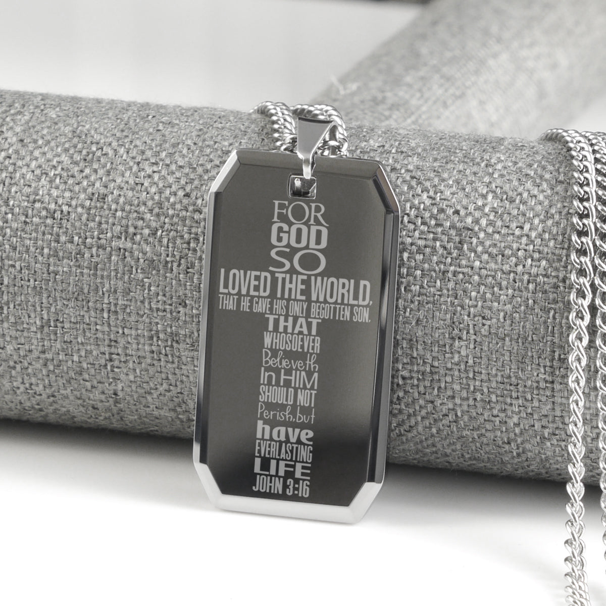 John 3:16 Bible Quote Cross Tungsten Steel Dog Tag Necklace