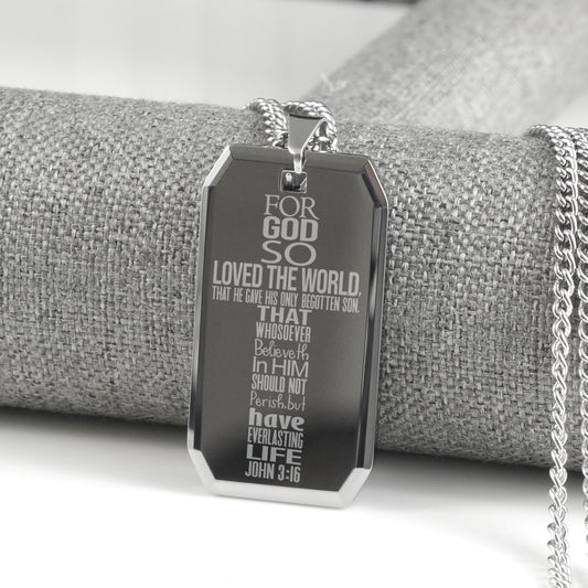 John 3:16 Bible Quote Cross Tungsten Steel Dog Tag Necklace