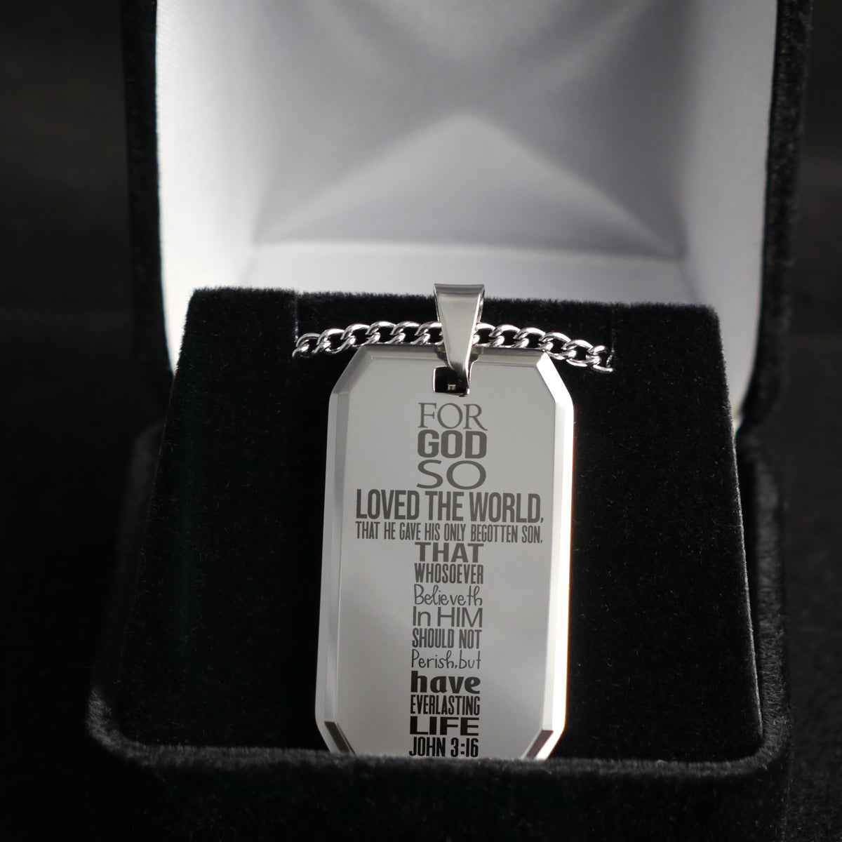 John 3:16 Bible Quote Cross Tungsten Steel Dog Tag Necklace