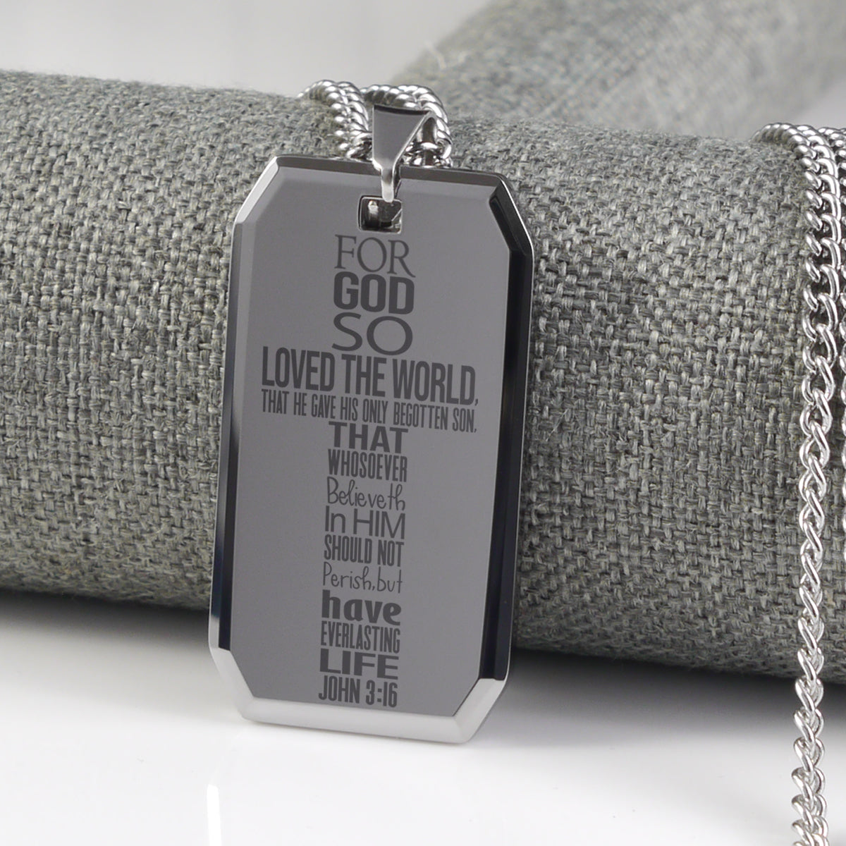 John 3:16 Bible Quote Cross Tungsten Steel Dog Tag Necklace
