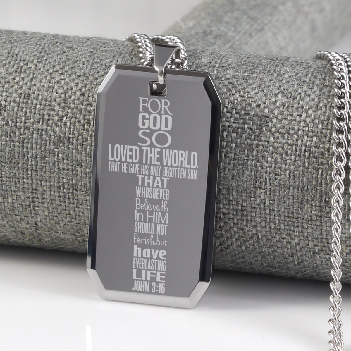 John 3:16 Bible Quote Cross Tungsten Steel Dog Tag Necklace